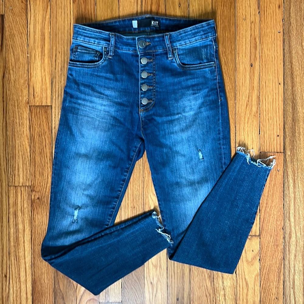 KUT from the Kloth Donna Button Fly Ankle Skinny Jeans Raw Hem Size 4